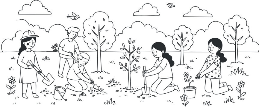Illustration of a community tree planting event featuring families and children engaged in gardening activities in a natural setting