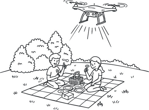 Black and white vector illustration of children enjoying a picnic under a flying drone in a park setting
