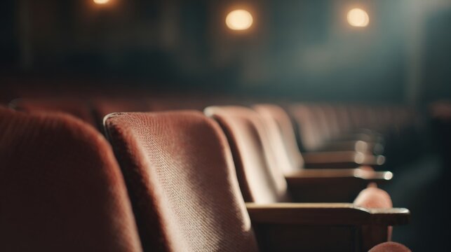 Row of empty red theater seats in a dimly lit room. the seats are arranged in a straight line, facing towards the right side of the image.