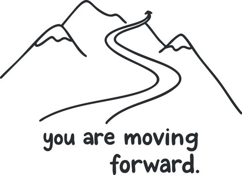 Minimalist line art vector illustration of mountains and a winding road with the motivational phrase for personal growth