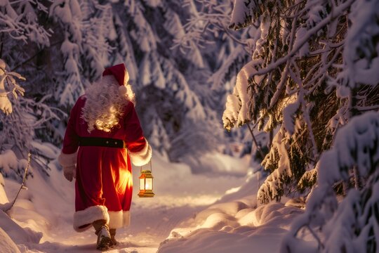 Santa claus walking through snowy forest holding lantern