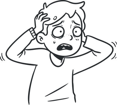 Cartoon vector illustration of a worried boy expressing anxiety and stress with his hands on his head