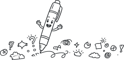 Playful cartoon vector illustration of a happy pen surrounded by doodles and creative symbols for educational and design projects