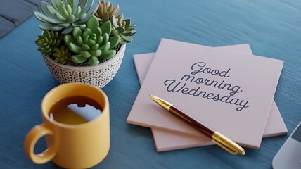 Good morning Wednesday with coffee and succulent plant on blue table