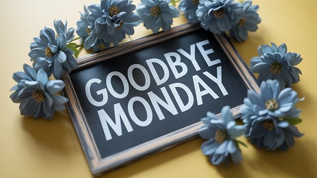 Goodbye Monday sign with delicate blue flowers on yellow background