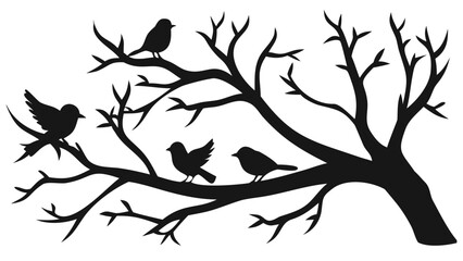 Black Silhouette Illustration of Four Small Birds on a Decorative Tree Branch