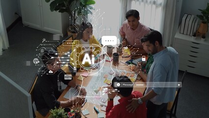 A dynamic scene of diverse professionals collaborating on artificial intelligence in a modern...