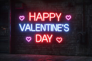 neon valentine sign, brick wall with vibrant neon valentines day sign features a central glowing red heart and smaller pink, blue, and red neon hearts perfect for advertising or seasonal decor