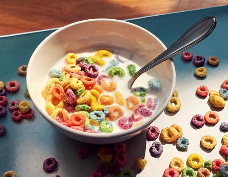 Colorful cereal loops with milk for breakfast