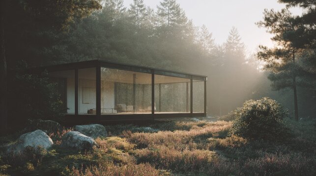 Modern house in the middle of a forest. the house is made of glass and wood, with a sloping roof and large windows that allow natural light to enter the space.