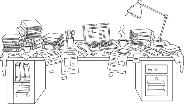 Detailed line art illustration of a cluttered office desk featuring books, laptop, coffee cups, and stationery items.