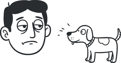 Cartoon vector illustration featuring a man with a humorous expression alongside a playful dog, ideal for pet-themed designs and comics