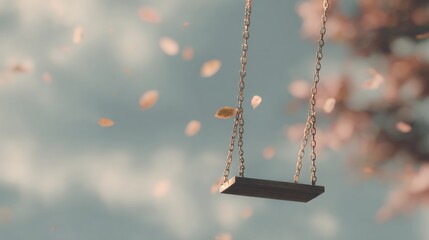 Wooden swing hanging from a chain. the swing is empty and the chain is made of metal. the background is blurred, but it appears to be a tree with pink and orange leaves.