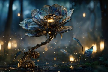 A glowing mechanical flower unfolding under the full moonlight