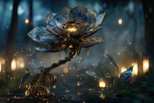 A glowing mechanical flower unfolding under the full moonlight