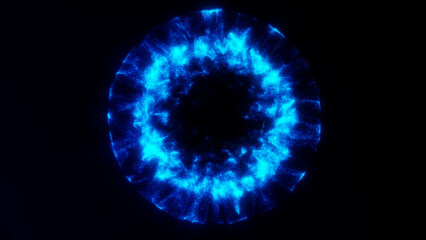 A vivid blue energy explosion forming a glowing circular burst of shimmering particles on a dark background. Dynamic sci-fi impact effect with bright motion and sparkling digital texture.