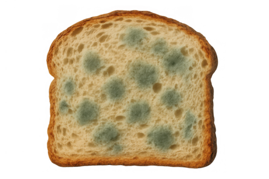 Mold growing on a toast bread slice, showing food spoilage and decomposition with a transparent background
