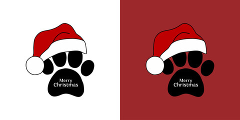 Festive paw print wearing a Santa hat wishing Merry Christmas on white and red backgrounds, perfect for holiday cards, pet-themed greetings, and seasonal designs, a cute and joyful holiday