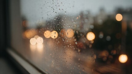 Close-up of a window with raindrops on it. the raindrops are scattered across the glass, creating a textured pattern.