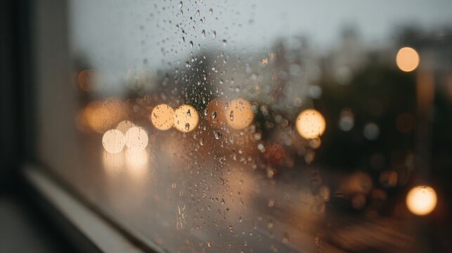 Close-up of a window with raindrops on it. the raindrops are scattered across the glass, creating a textured pattern.