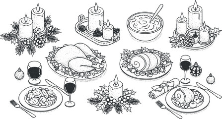 Detailed black and white vector illustration of a festive holiday dinner spread featuring turkey, desserts, candles, and wine.
