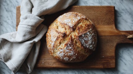 Freshly baked loaf of bread on a wooden cutting board. the bread is golden brown in color and has a crumbly texture. it is dusted with powdered sugar, giving it a shiny appearance.