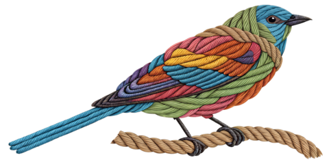Colorful rope bird png | Colorful rope bird perched on a branch detailed texture and vibrant colors isolated on white background