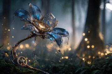 A glowing mechanical flower unfolding under the full moonlight