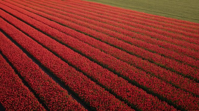 Aerial view of a vast field of red tulips. the tulips are arranged in neat rows, creating a beautiful contrast between the vibrant red petals and the green fields in the background.