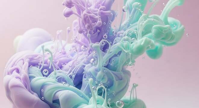 Pastel colored ink droplets mixing in water creating a beautiful abstract cloud effect