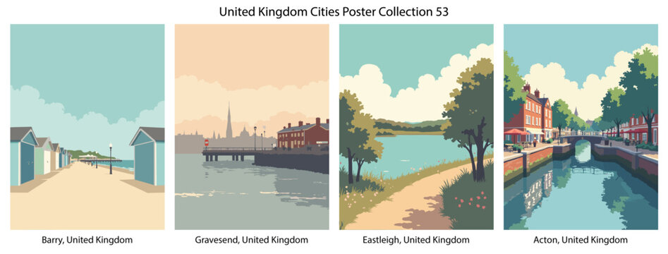Barry, United Kingdom, Gravesend, United Kingdom, Eastleigh, United Kingdom, Acton, United Kingdom Flat Vector Poster Collection