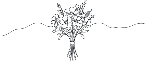 Elegant line art illustration of a floral bouquet, perfect for wedding invitations, greeting cards, and decorative designs