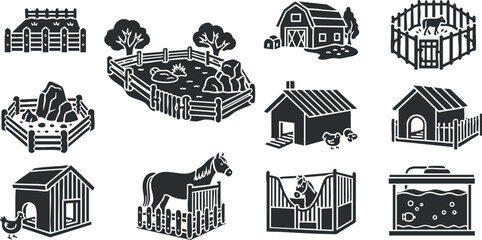 Fototapeta premium Collection of minimalist vector illustrations depicting various farm buildings, animal pens, and pet shelters for agricultural themes