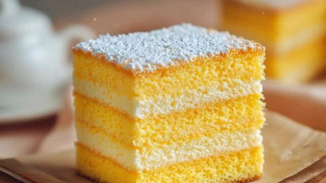 A tempting close-up of a layered cake slice, featuring soft golden sponge, creamy white filling, and powdered sugar. This appetizing dessert embodies indulgence, sweet pleasure, and celebration. Ideal