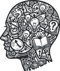 Creative vector illustration of a human head silhouette filled with symbols representing ideas, innovation, and knowledge for design projects.