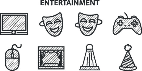 Vector illustration of entertainment icons including a TV, theater masks, gaming controller, and more for design projects
