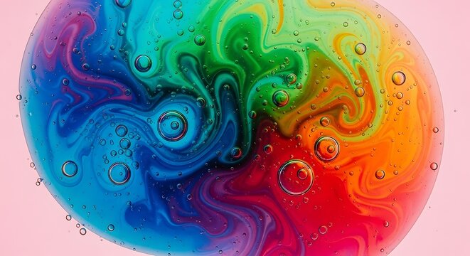 Abstract rainbow colored swirls and bubbles on a light pink background close up
