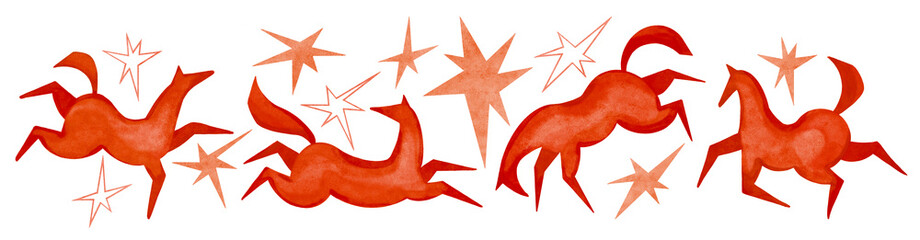 Watercolor set, symbol of the Chinese New Year 2026 - red abstract stylish jumping horses and stars isolated on white background. Hand drawn collection for design prints, textiles, wrapping paper