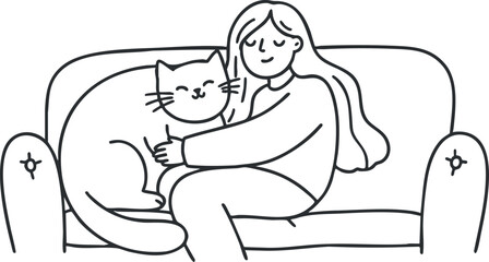Line art illustration of a woman sitting on a sofa with a large cat, showcasing companionship and comfort in a cozy home setting