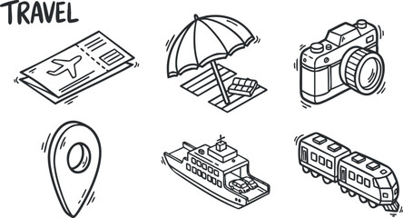 Collection of travel-themed vector icons featuring airplane, camera, ship, train, and map elements in a minimalist style