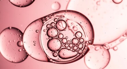 Abstract pink bubbles and oil droplets a macro image for scientific or cosmetic use