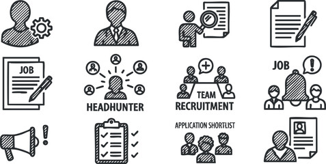 Set of modern vector icons representing job recruitment, headhunter services, team hiring, and application processes for professional use