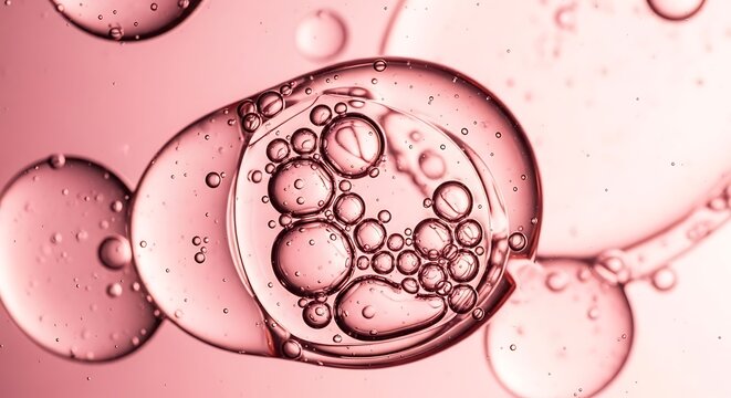 Abstract pink bubbles and oil droplets a macro image for scientific or cosmetic use