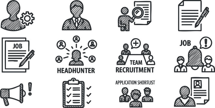 Set of modern vector icons representing job recruitment, headhunter services, team hiring, and application processes for professional use