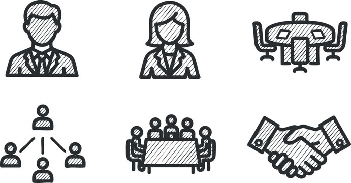 Hand-drawn style vector icons depicting business concepts such as teamwork, meetings, and collaboration for professional use