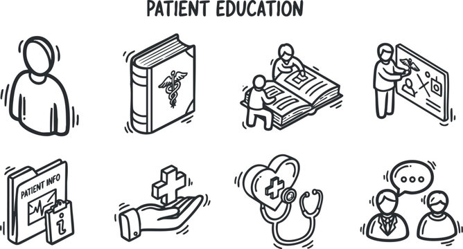 Hand-drawn vector illustration of patient education concepts featuring icons for learning, communication, and healthcare support.