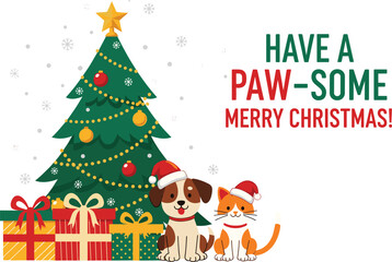 Cute Christmas pets illustration with dog and cat, festive holiday tree scene, gift boxes, snowfall background, adorable animal greeting card design