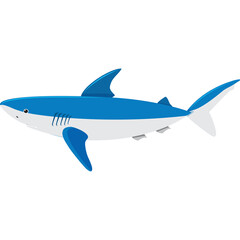 Pixel Art Blue and White Shark Silhouette with Fins and Tail in Clear White Background