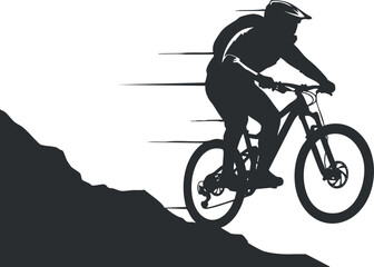 Naklejka premium Dynamic black and white vector illustration of a cyclist riding downhill, perfect for sports and adventure-themed designs