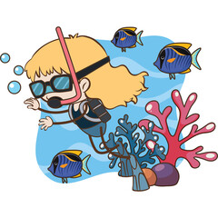 Pixel Art Blonde Girl Scuba Diving Underwater With Blue Fish and Coral Reef in a Light Blue Ocean Background